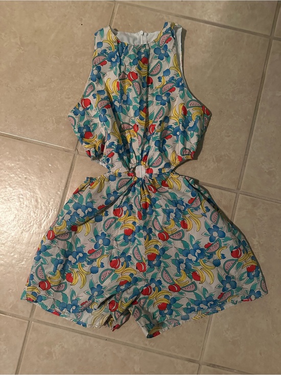 Urban Outfitters Pants - Women’s White Floral & Fruit Cutout Romper - Blue/Yellow/Red Small